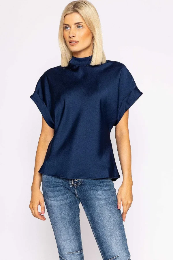 Pala D'oro High Neck Sateen Top In Navy*Women Tops & Blouses