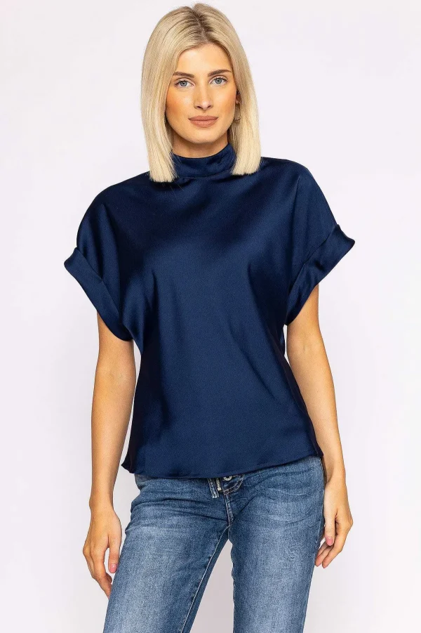 Pala D'oro High Neck Sateen Top In Navy*Women Tops & Blouses