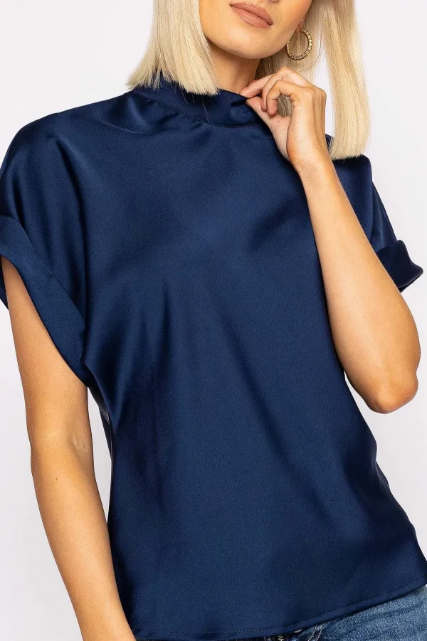 Pala D'oro High Neck Sateen Top In Navy*Women Tops & Blouses
