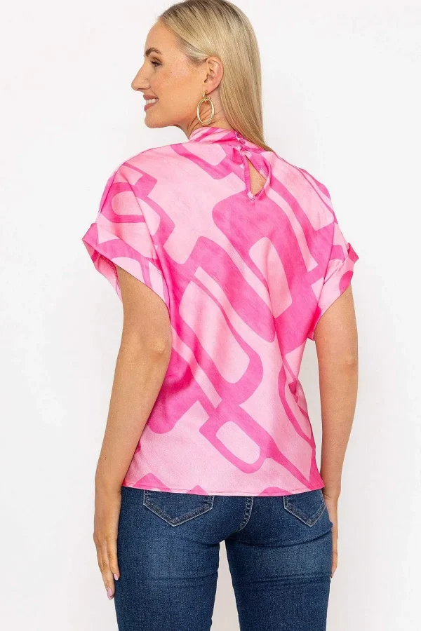 Pala D'oro High Neck Sateen Top In Pink Print*Women Tops & Blouses
