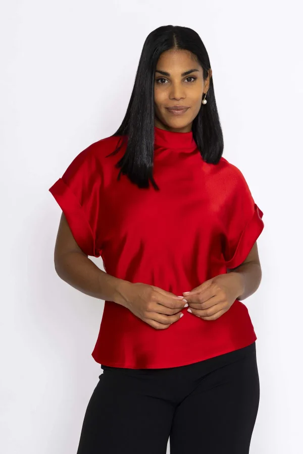 Pala D'oro High Neck Sateen Top In Red*Women Tops & Blouses