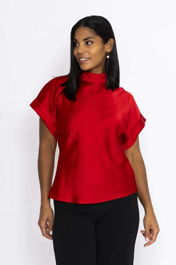 Pala D'oro High Neck Sateen Top In Red*Women Tops & Blouses