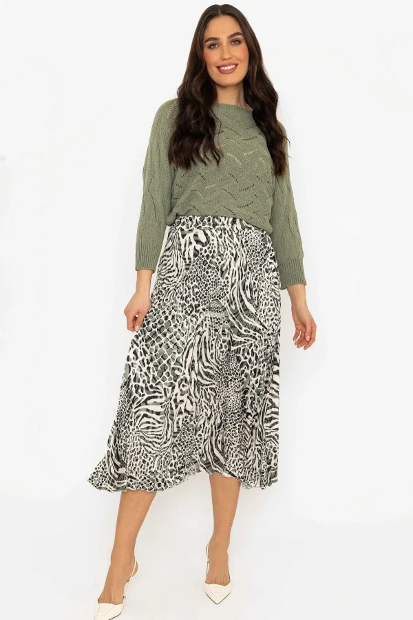 Pala D'Oro Khaki Animal Print Pleated Skirt*Women Skirts & Shorts