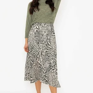 Pala D'Oro Khaki Animal Print Pleated Skirt*Women Skirts & Shorts