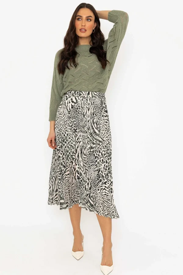 Pala D'Oro Khaki Animal Print Pleated Skirt*Women Skirts & Shorts