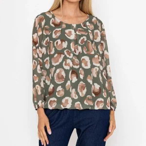 Pala D'oro Khaki Printed Long Sleeve Blouse*Women Tops & Blouses