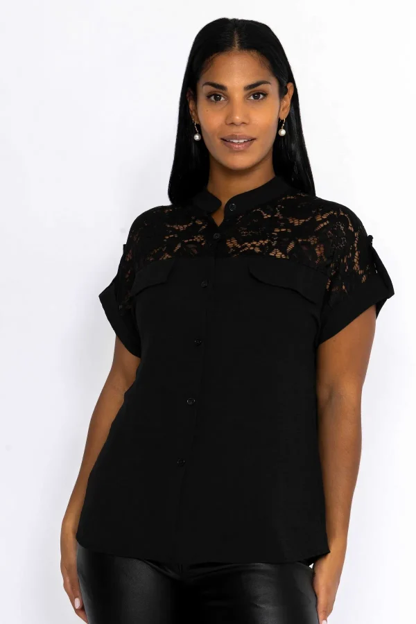 Pala D'oro Lace Insert Shirt In Black*Women Tops & Blouses
