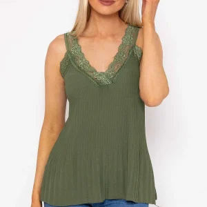 Pala D'oro Lace Trim Pleated Cami In Khaki*Women Tops & Blouses