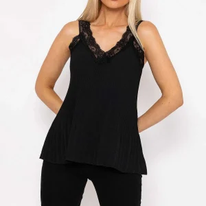 Pala D'oro Lace Trim Pleated Cami In Black*Women Tops & Blouses