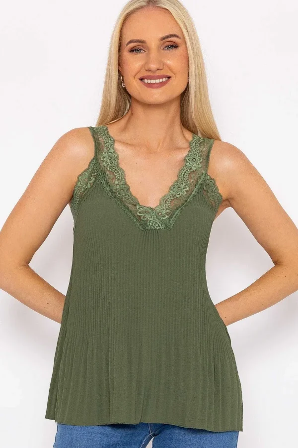 Pala D'oro Lace Trim Pleated Cami In Khaki*Women Tops & Blouses
