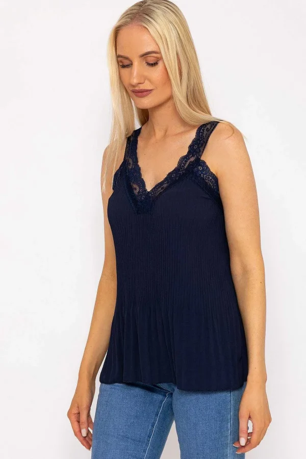 Pala D'oro Lace Trim Pleated Cami In Navy*Women Tops & Blouses