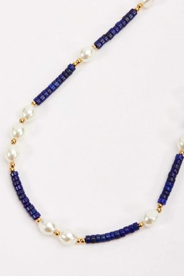 Joularie Lapis And Pearl Beaded Necklace* Boxed Gifts