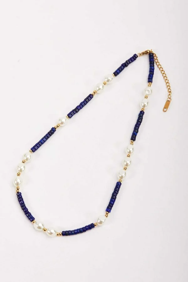 Joularie Lapis And Pearl Beaded Necklace* Boxed Gifts