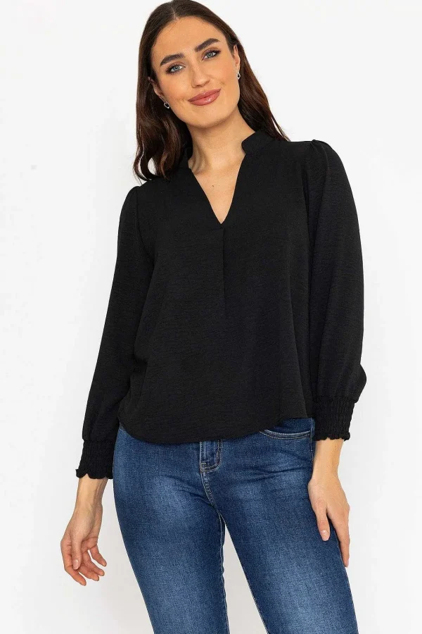 Pala D'oro Long Sleeve Collarless Top In Black*Women Tops & Blouses
