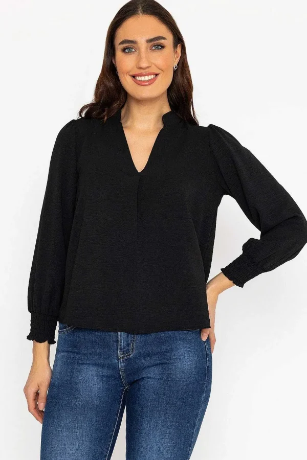 Pala D'oro Long Sleeve Collarless Top In Black*Women Tops & Blouses