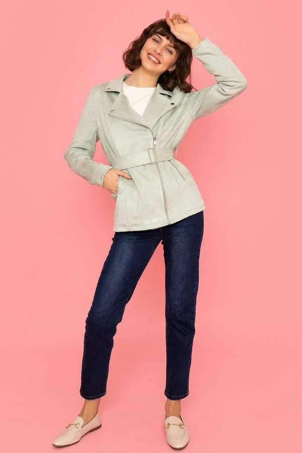 Rowen Avenue Longline Suede Biker In Sage*Women Coats & Jackets