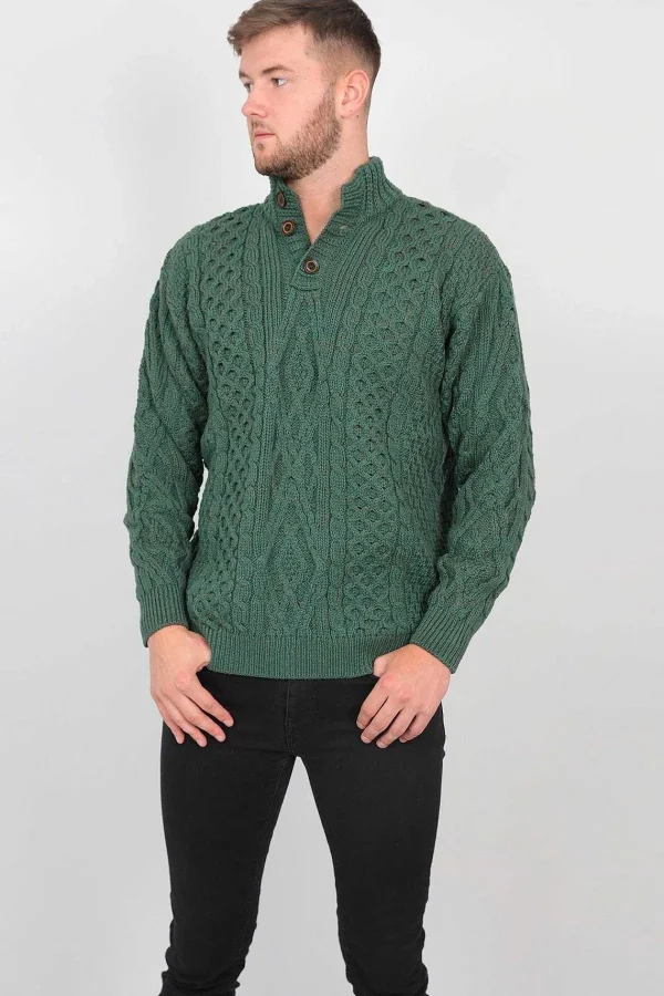 Aran Woollen Mills Mens Diamond Knit Troyer In Connemara Green*Women Jumpers & Cardigans
