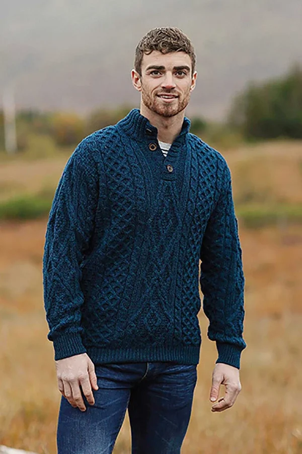 Aran Woollen Mills Mens Diamond Knit Troyer In Atlantic Blue*Women Jumpers & Cardigans