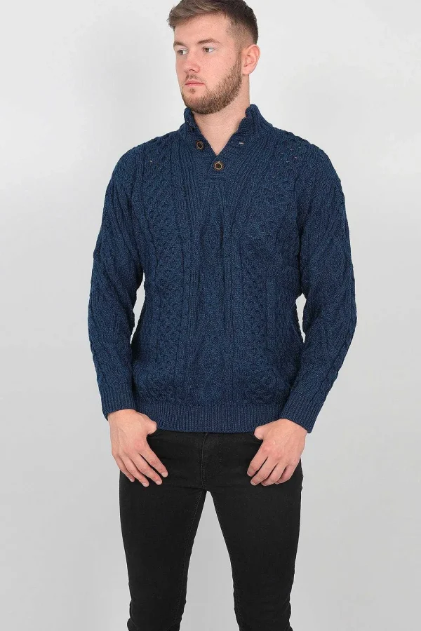 Aran Woollen Mills Mens Diamond Knit Troyer In Atlantic Blue*Women Jumpers & Cardigans