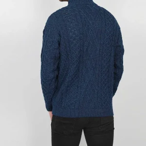 Aran Woollen Mills Mens Diamond Knit Troyer In Atlantic Blue*Women Jumpers & Cardigans