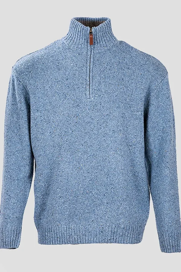 Aran Woollen Mills Men'S Donegal Blend V-Neck Zip Sweater In Blue*Women Jumpers & Cardigans