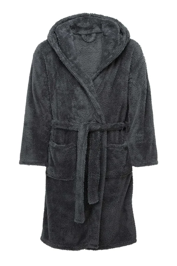 Marlon Sleepwear Mens Sherpa Hooded Fleece Robe In Charcoal*Women Nightwear