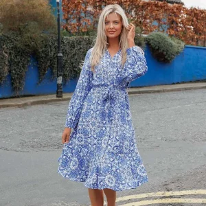 Rowen Avenue Norah Blue Printed Midi Dress* Sale Dresses