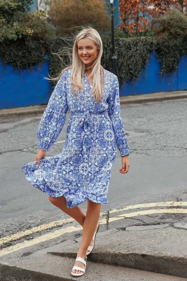 Rowen Avenue Norah Blue Printed Midi Dress* Sale Dresses