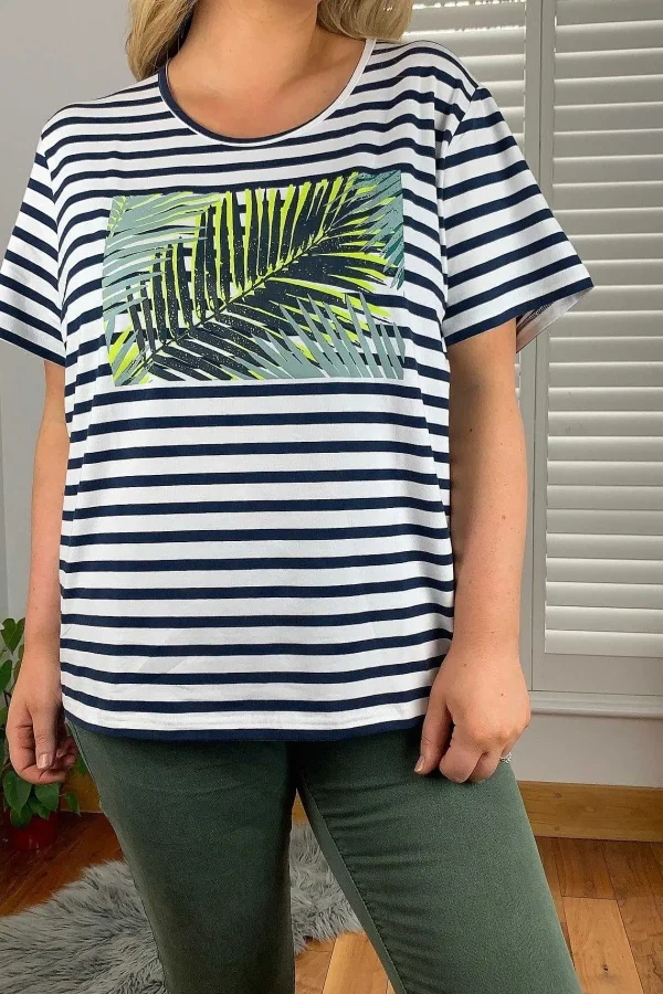 Ulla Popken Palm Print Relaxed Fit Striped Short Sleeve Tee*Women Tops & Blouses