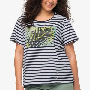 Ulla Popken Palm Print Relaxed Fit Striped Short Sleeve Tee*Women Tops & Blouses