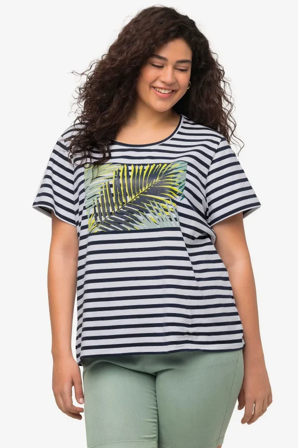 Ulla Popken Palm Print Relaxed Fit Striped Short Sleeve Tee*Women Tops & Blouses