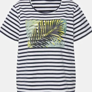 Ulla Popken Palm Print Relaxed Fit Striped Short Sleeve Tee*Women Tops & Blouses