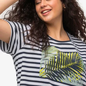 Ulla Popken Palm Print Relaxed Fit Striped Short Sleeve Tee*Women Tops & Blouses
