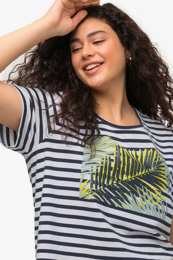Ulla Popken Palm Print Relaxed Fit Striped Short Sleeve Tee*Women Tops & Blouses