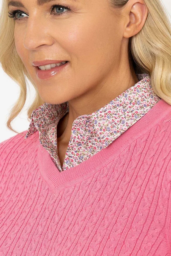 Voulez Vous Pink Cable Knit Sweater With Shirt Collar*Women Jumpers & Cardigans