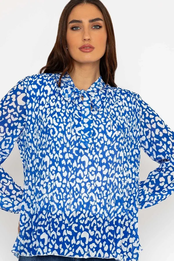 Pala D'oro Pleated Pussybow Blouse In Blue Animal Print*Women Tops & Blouses