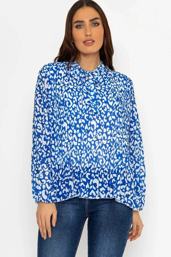 Pala D'oro Pleated Pussybow Blouse In Blue Animal Print*Women Tops & Blouses