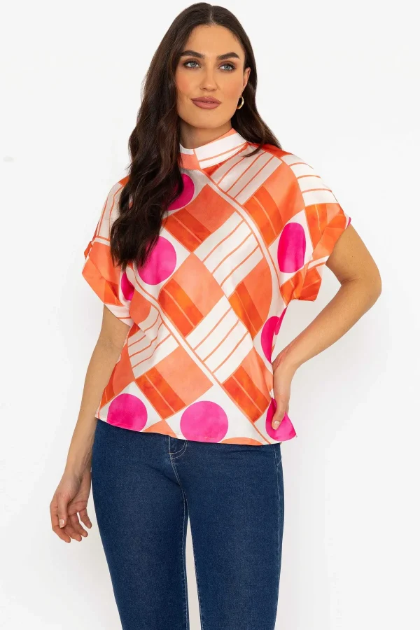 Pala D'Oro Printed High Neck Sateen Top In Orange*Women Tops & Blouses