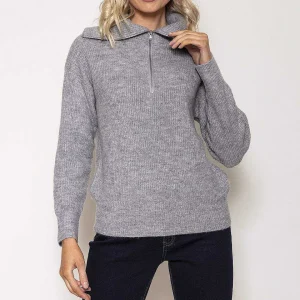 Kelly & Grace Weekend Rib Knit With Zip In Grey*Women Jumpers & Cardigans