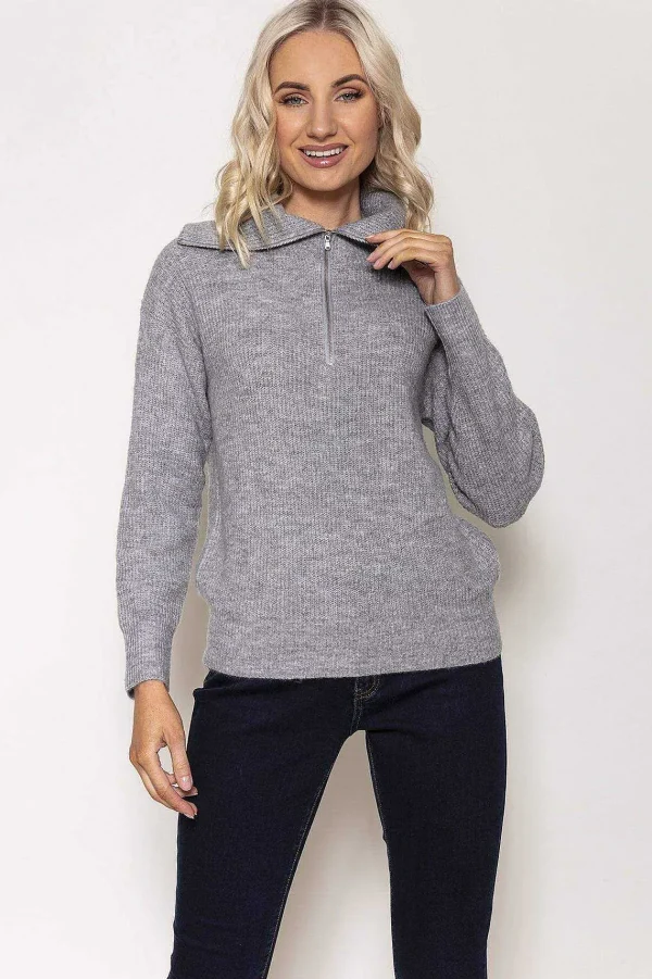 Kelly & Grace Weekend Rib Knit With Zip In Grey*Women Jumpers & Cardigans