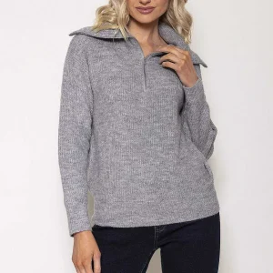Kelly & Grace Weekend Rib Knit With Zip In Grey*Women Jumpers & Cardigans