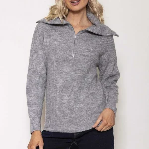 Kelly & Grace Weekend Rib Knit With Zip In Grey*Women Jumpers & Cardigans