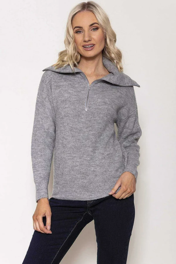 Kelly & Grace Weekend Rib Knit With Zip In Grey*Women Jumpers & Cardigans