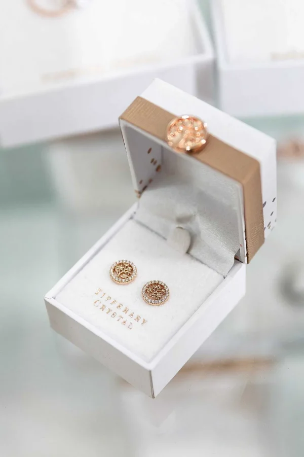 Tipperary Crystal Jewellery Rose Gold Tree And Cz Circle Stud Earrings* Boxed Gifts