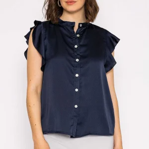Rowen Avenue Ruffle Satin Shirt In Navy*Women Tops & Blouses