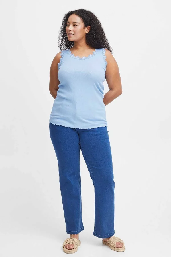 Simple Wish Sleeveless Lace Trim Blue Top*Women Tops & Blouses