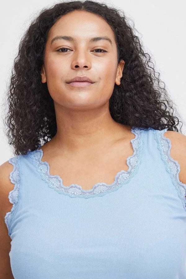 Simple Wish Sleeveless Lace Trim Blue Top*Women Tops & Blouses