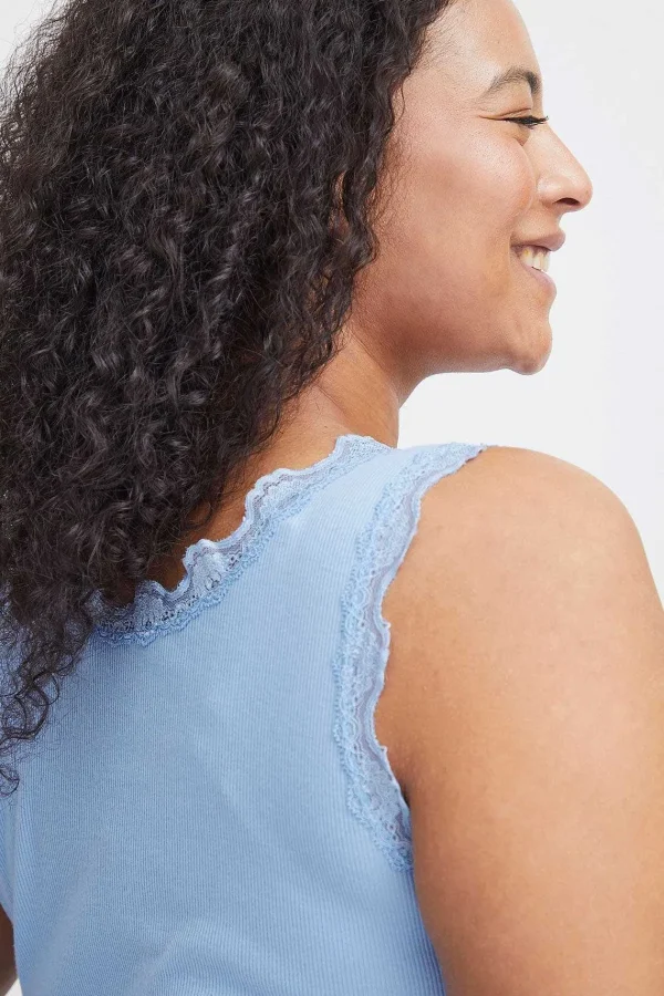 Simple Wish Sleeveless Lace Trim Blue Top*Women Tops & Blouses