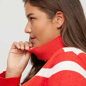 Ulla Popken Stripe Fine Knit Turtleneck Sweater In Red*Women Jumpers & Cardigans