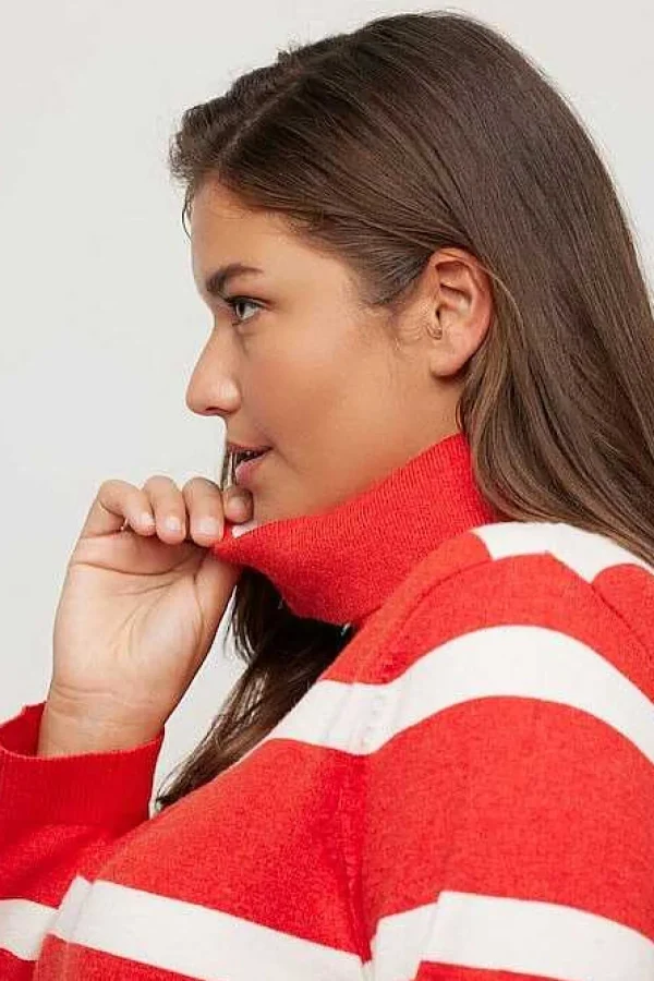 Ulla Popken Stripe Fine Knit Turtleneck Sweater In Red*Women Jumpers & Cardigans